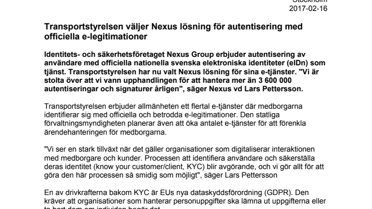 Transportstyrelsen väljer Nexus lösning för autentisering med officiella e-legitimationer