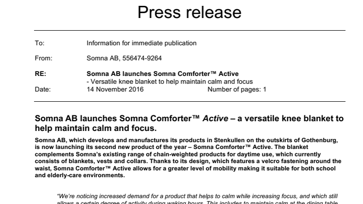 Somna AB launches Somna Comforter™ Active – a versatile knee blanket to help maintain calm and focus.