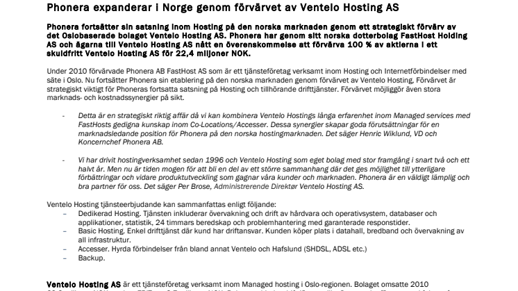 Phonera expanderar i Norge genom förvärvet av Ventelo Hosting AS
