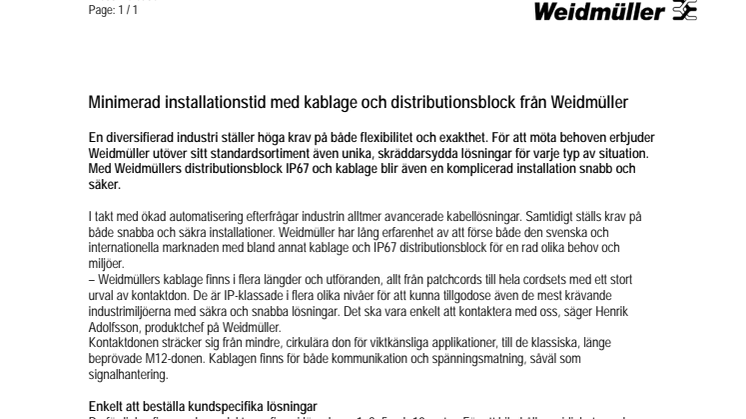 Minimerad installationstid med kablage och IP67 distributionsblock från Weidmüller