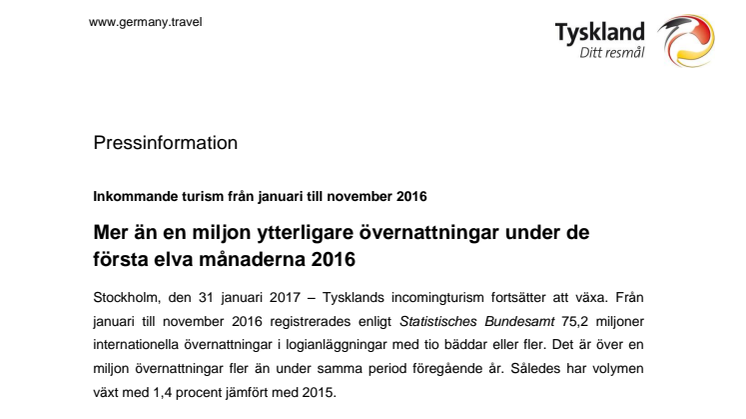 ​Mer än en miljon fler övernattningar under de första elva månaderna 2016