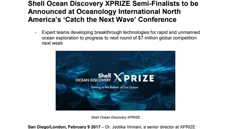 OINA 2017: Shell Ocean Discovery XPRIZE Semi-Finalists to be Announced at Oceanology International North America’s ‘Catch the Next Wave’ Conference