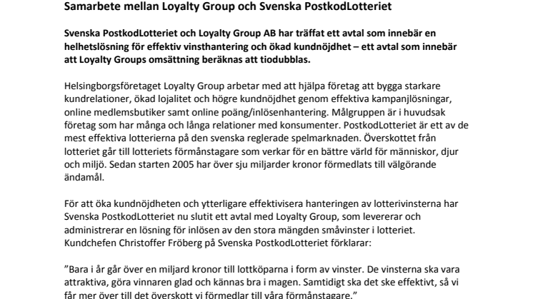 Samarbete mellan Loyalty Group och Svenska PostkodLotteriet
