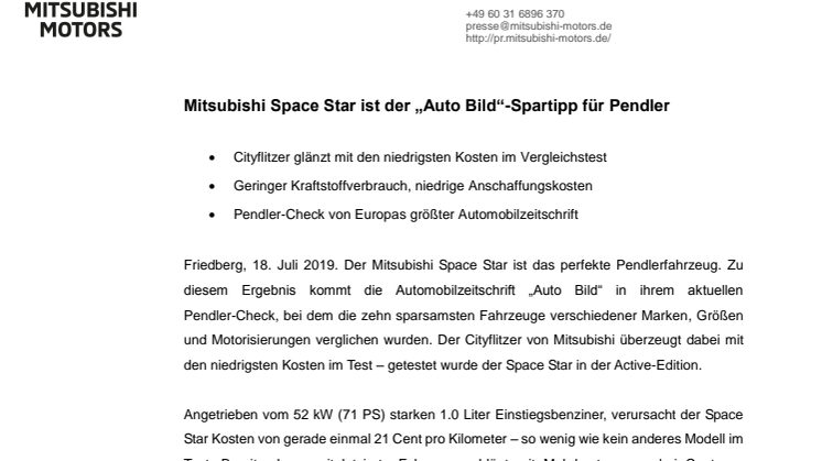 Mitsubishi Space Star ist der „Auto Bild“-Spartipp für Pendler