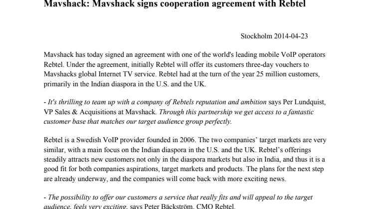 Mavshack: Mavshack signs cooperation agreement with Rebtel