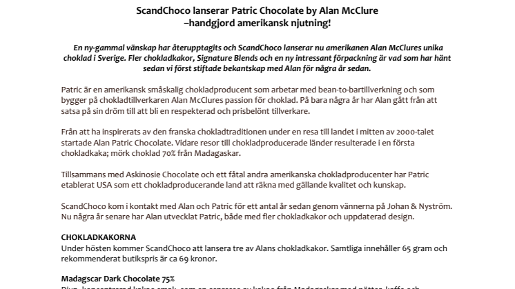 ScandChoco lanserar Patric Chocolate by Alan McClure 
