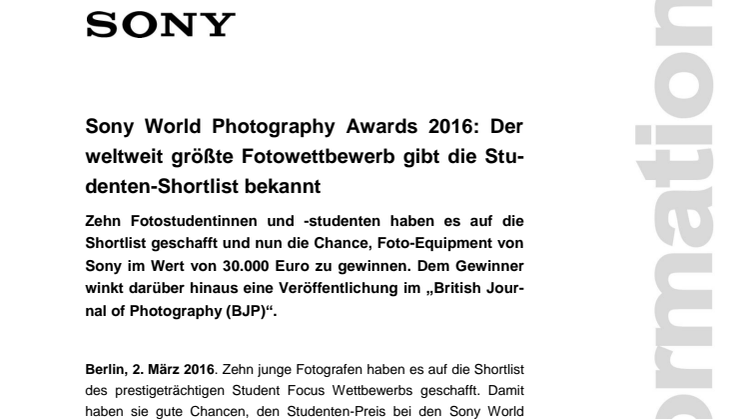 Sony World Photography Awards 2016: Der weltweit größte Fotowettbewerb gibt die Studenten-Shortlist bekannt  