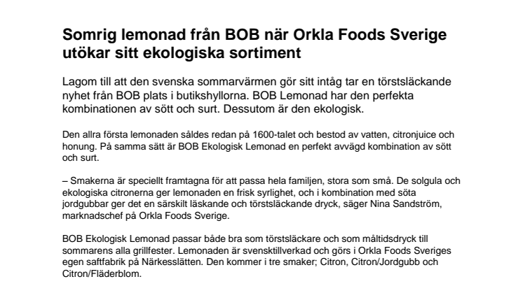 ​​​​​​​Somrig lemonad från BOB när Orkla Foods Sverige utökar sitt ekologiska sortiment