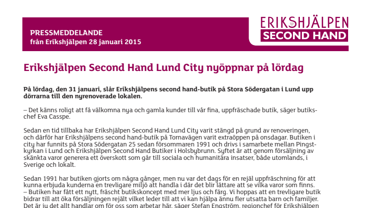 Erikshjälpen Second Hand Lund City nyöppnar på lördag