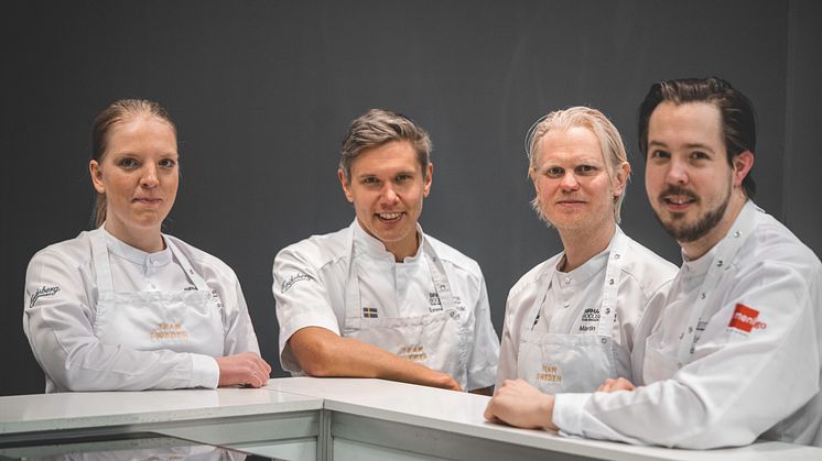 Team Sweden i Bocuse d'Or. Thilda Mårtensson, commis, Tommy Myllymäki, president, Martin Brag, coach, Jimmi Eriksson, kandidat/Sveriges representant