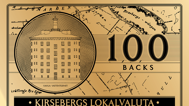 Bild av valutan BACKS. Valutan är av lasergraverad mässing och en "sedel" är värd 100 svenska kronor.