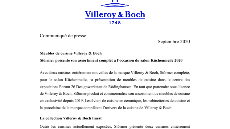 Meubles de cuisine Villeroy & Boch - Störmer présente son assortiment complet à l’occasion du salon Küchenmeile 2020