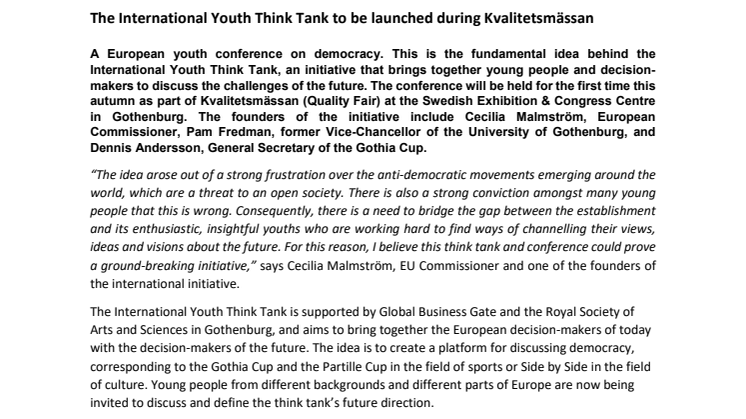 The International Youth Think Tank to be launched during Kvalitetsmässan in Gothenburg