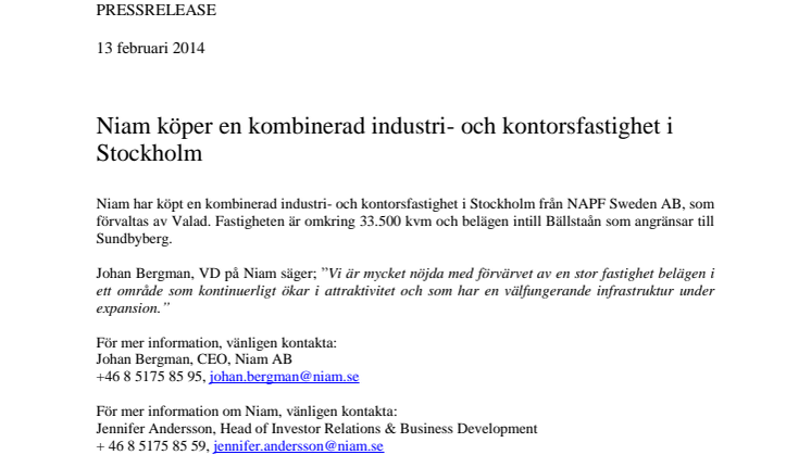 Niam köper en kombinerad industri- och kontorsfastighet i Stockholm
