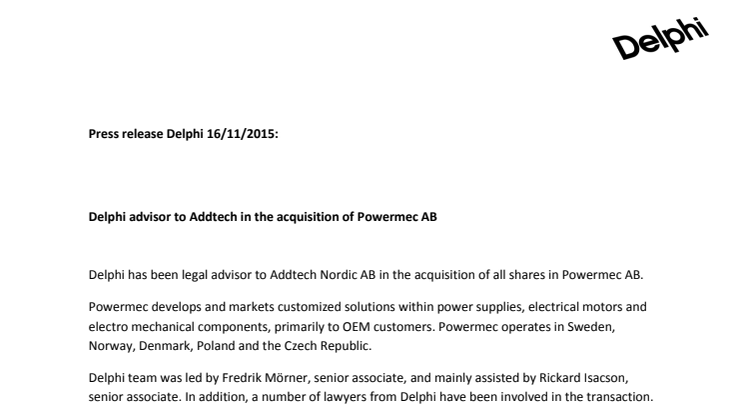 Delphi advisor to Addtech in the acquisition of Powermec AB