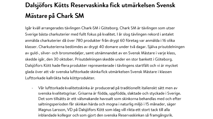 Dalsjöfors Kötts Reservaskinka fick utmärkelsen Svensk Mästare på Chark SM