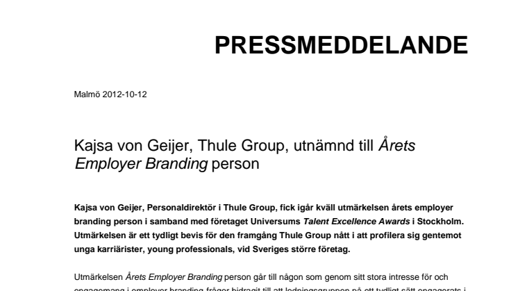 Kajsa von Geijer, Thule Group, utnämnd till Årets Employer Branding person