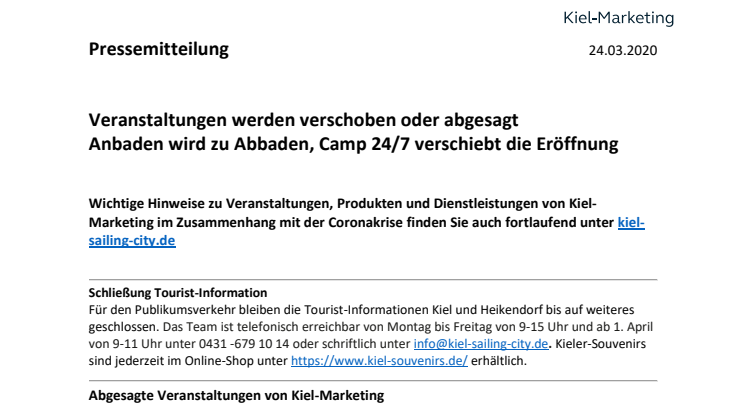 Aktuelle Informationen zu den Produkten & Dienstleistungen der Tourist-Information Kiel