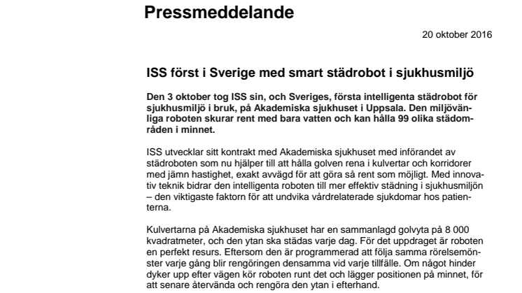 ISS först i Sverige med smart städrobot i sjukhusmiljö