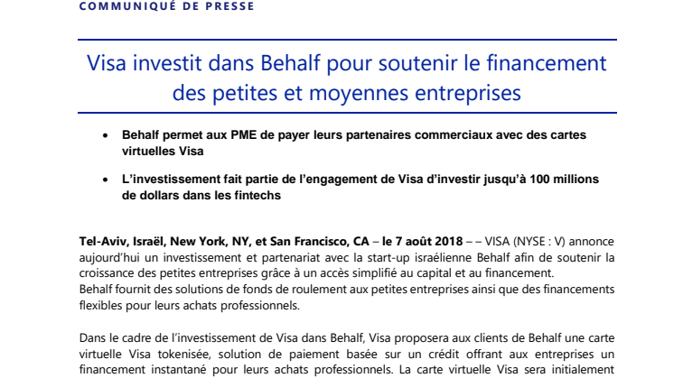 Visa investit dans Behalf pour soutenir le financement des petites et moyennes entreprises