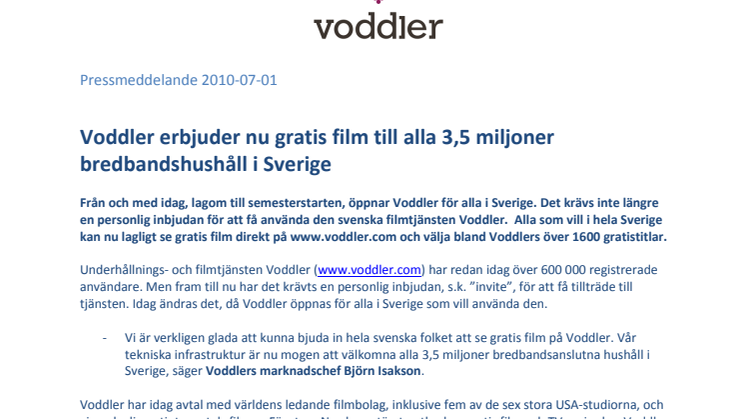 Voddler erbjuder nu film till alla 3,5 miljoner bredbandshushåll i Sverige