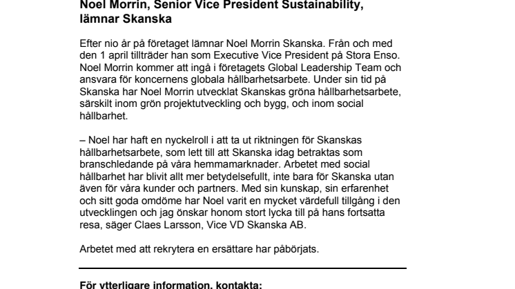 Noel Morrin, Senior Vice President Sustainability, lämnar Skanska