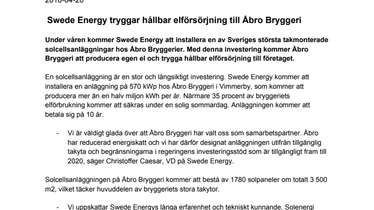   Swede Energy tryggar hållbar elförsörjning till Åbro Bryggeri