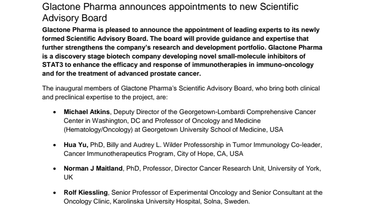 Glactone Pharma announces appointments to new Scientific Advisory Board 