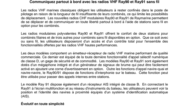 Raymarine: Communiquez partout à bord avec les radios VHF Ray90 et Ray91 sans fil