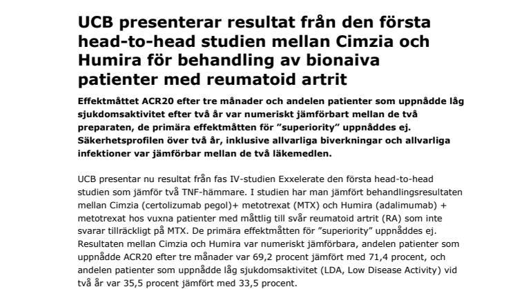 UCB presenterar resultat från den första head-to-head studien mellan Cimzia och Humira för behandling av bionaiva patienter med reumatoid artrit