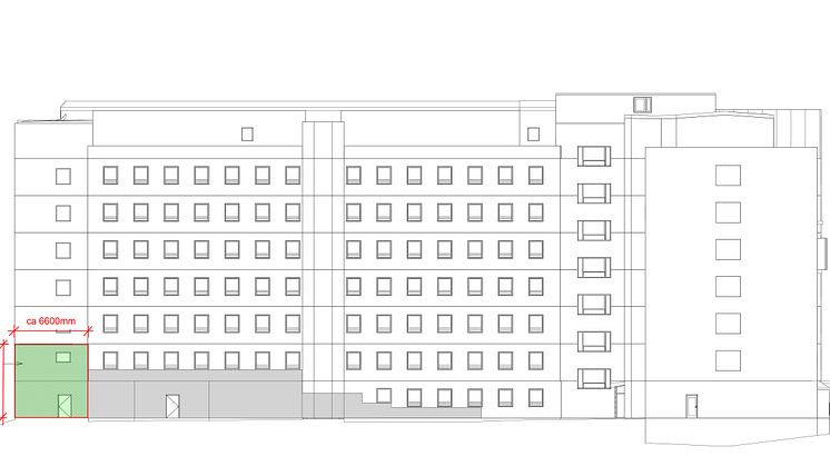Syntolkning: Ritning av sjukhusbyggnad med grön markering på fasad för plats för gestaltning.