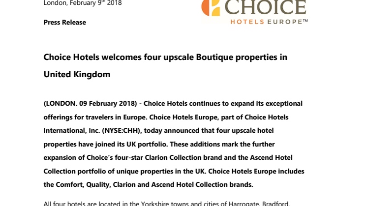Choice Hotels welcomes four upscale Boutique properties in United Kingdom