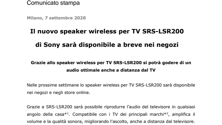 Il nuovo speaker wireless per TV SRS-LSR200 di Sony sarà disponibile a breve nei negozi 