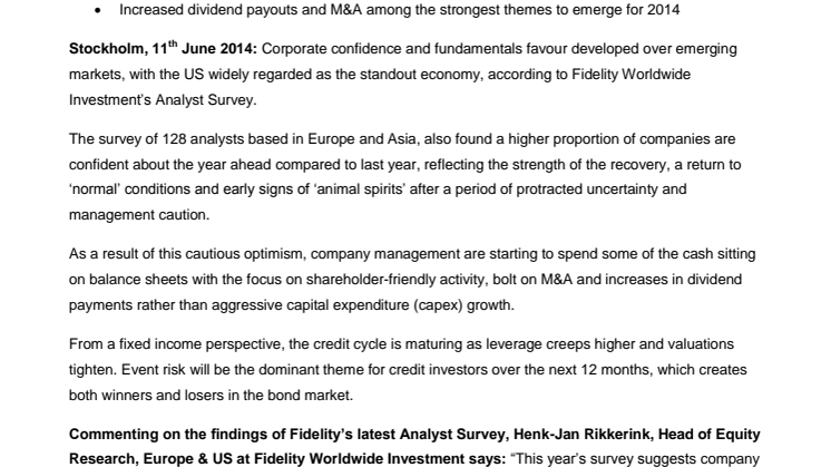 FIDELITY WORLDWIDE INVESTMENT ANALYST SURVEY REVEALS A RE-EMERGENCE OF ANIMAL SPIRITS 