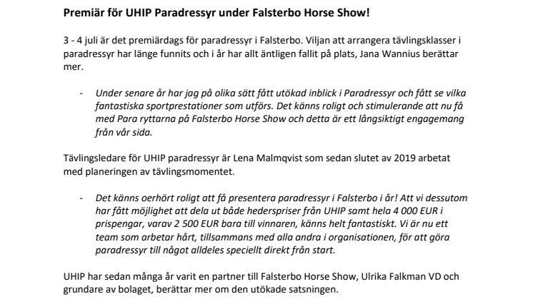 Premiär för UHIP Paradressyr under Falsterbo Horse Show!
