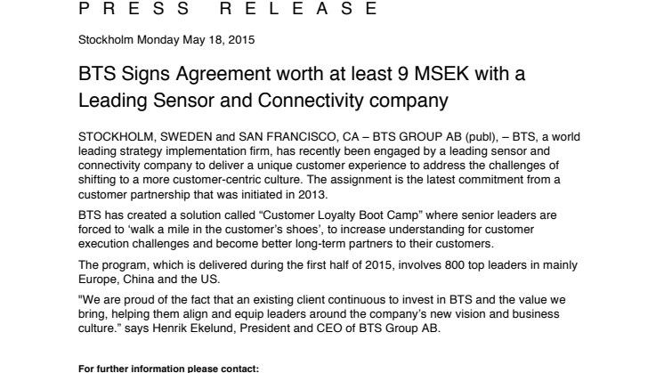 BTS Signs Agreement worth at least 9 MSEK with a Leading Sensor and Connectivity company 