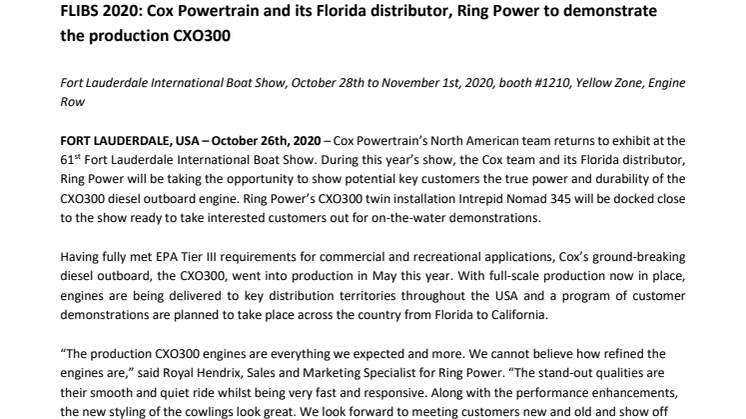 FLIBS 2020: Cox Powertrain and its Florida distributor, Ring Power to demonstrate the production CXO300
