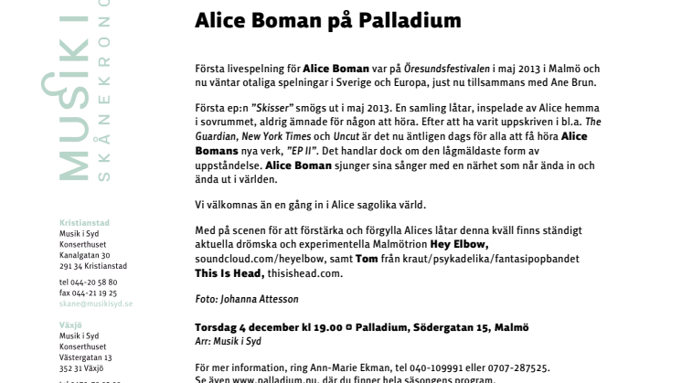 Alice Boman på Palladium Malmö 4 december