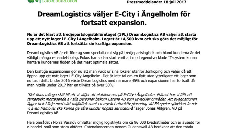 DreamLogistics väljer E-City i Ängelholm för fortsatt expansion.