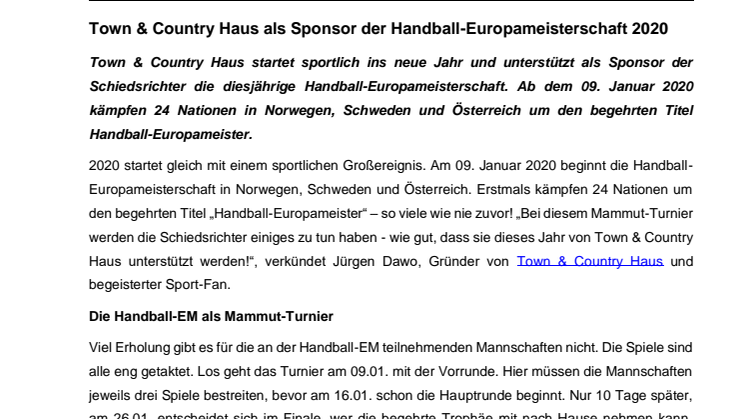 Town & Country Haus als Sponsor der Handball-Europameisterschaft 2020