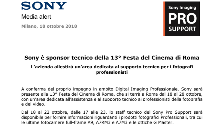 ​Sony è sponsor tecnico della 13° Festa del Cinema di Roma