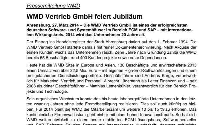 WMD Vertrieb GmbH feiert Jubiläum