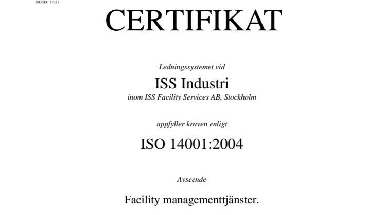 ISO 14001 certifikat ISS Industri