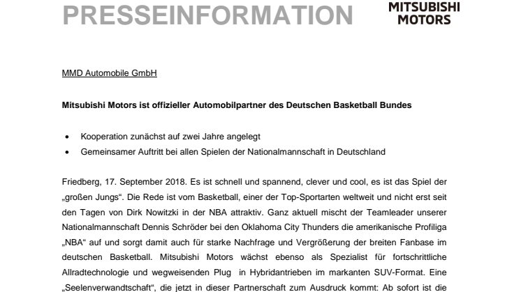 Mitsubishi Motors ist offizieller Automobilpartner des Deutschen Basketball Bundes 