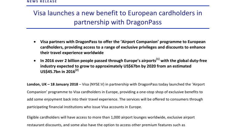 Visa launches a new benefit to European cardholders in partnership with DragonPass 
