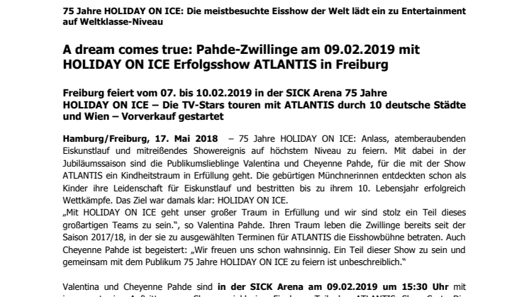 A dream comes true: Pahde-Zwillinge am 09.02.2019 mit HOLIDAY ON ICE Erfolgsshow ATLANTIS in Freiburg
