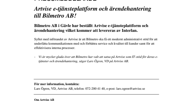 Artvise e-tjänsteplattform och ärendehantering till Bilmetro AB!
