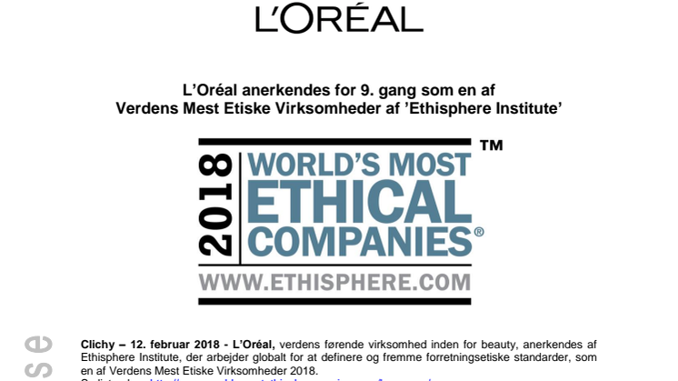 L’Oréal anerkendes for 9. gang som en af Verdens Mest Etiske Virksomheder af Ethisphere Institute