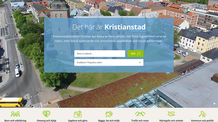Sökfunktionen på startsidan gör det enkelt att hitta på Kristianstads nya webbplats, www.kristianstad.se.