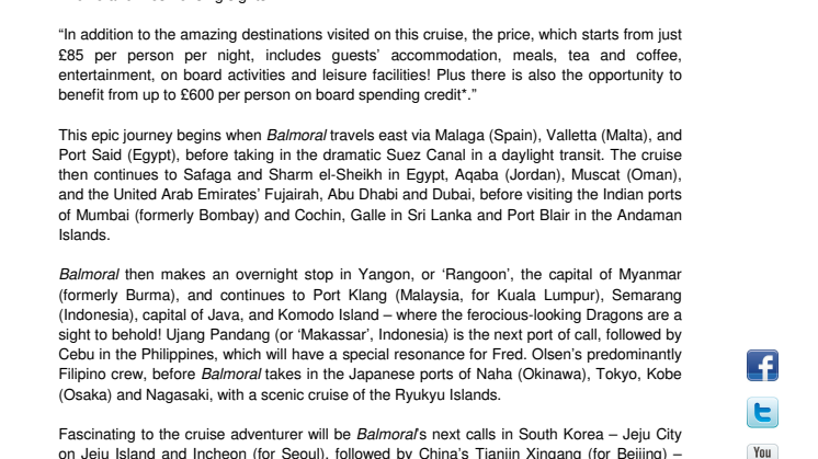 Take Fred. Olsen Cruise Lines’ ‘Far East Explorer’ ‘Grand Voyage’ in 2015 for the ultimate cruise of a lifetime